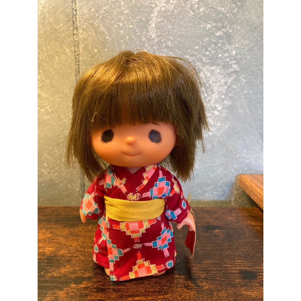 Vintage Sekiguchi Doll in Red Patterned Kimono Traditional Japanese Toy 5 Inch